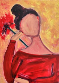 Zeitgenössisch  Ölporträt einer Frau auf Leinwand „Frau mit roter Blume“