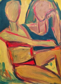 „Geteilte Freude“ – Zeitgenössisches figuratives expressionistisches Ölgemälde, das zwei Frauen zeigt