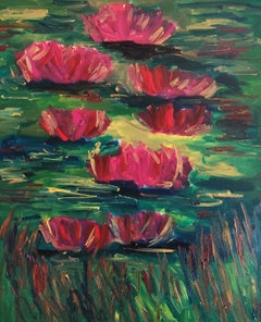 "Blushing Lilies" Impressionist water lilies oil painting inspired by Monet