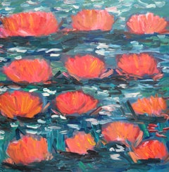 "Pink reflections" Impressionist water lilies acrylic painting inspired by Monet