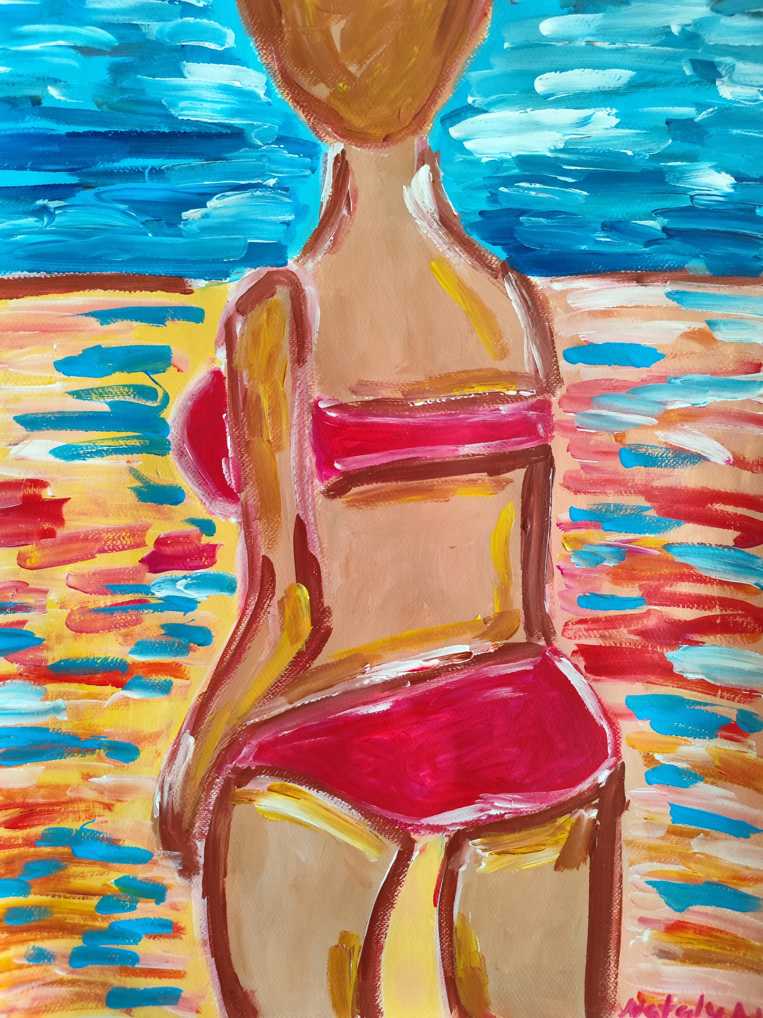 Mougenot Natalya Abstract Painting - "Summer escape" Contemporary figurative acrylic painting of a woman on paper