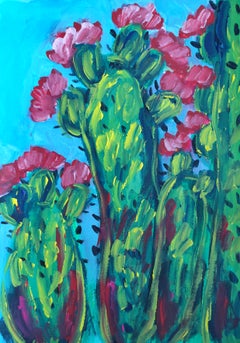 "Cactus Glow" – Dipinto acrilico botanico in stile impressionista contemporaneo su carta
