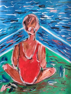 « Endless Blue » : peinture figurative contemporaine à l'acrylique représentant une femme, sur papier