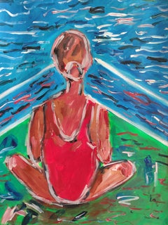 « Endless Blue » : peinture figurative contemporaine à l'acrylique représentant une femme, sur papier