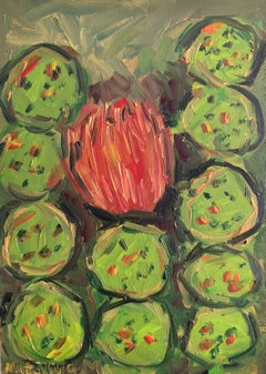 « Cactus en fleur » : peinture à l'huile contemporaine, expressive et d'inspiration botanique, sur toile