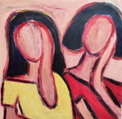 "Anime speculari" - Pittura figurativa astratta contemporanea: due donne su tela
