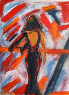 "Abito nero" – Dipinto a olio contemporaneo, astratto e figurativo, raffigurante la silhouette di una donna