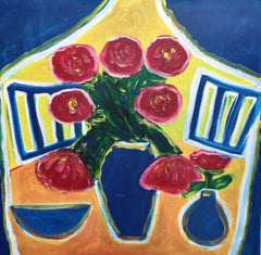 "Loved Home" – Dipinto figurativo contemporaneo in acrilico raffigurante una natura morta floreale in un ambiente interno