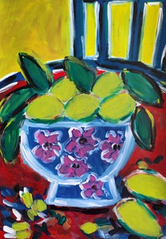 "Lemon table" Contemporary abstract figurative still life acrylic painting paper