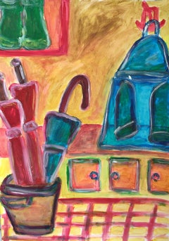 "Giorni di pioggia" Ombrelli colorati, stivali da pioggia, pittura figurativa espressiva