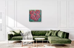 «Floración apasionada». Cuadro abstracto expresionista de gran formato con rosas rojas, pintado con acrílico.