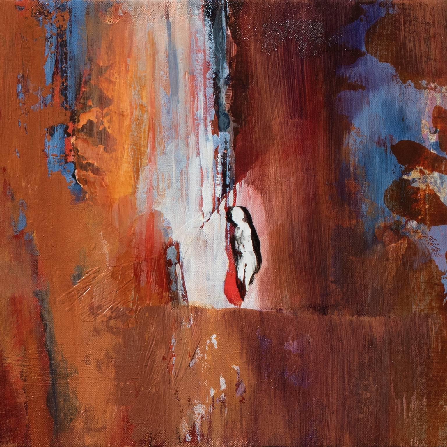 Peeping Tom - Langes abstraktes Landschafts-Ölgemälde mit Orange und Rostfarben (Braun), Abstract Painting, von Andrei Petrov