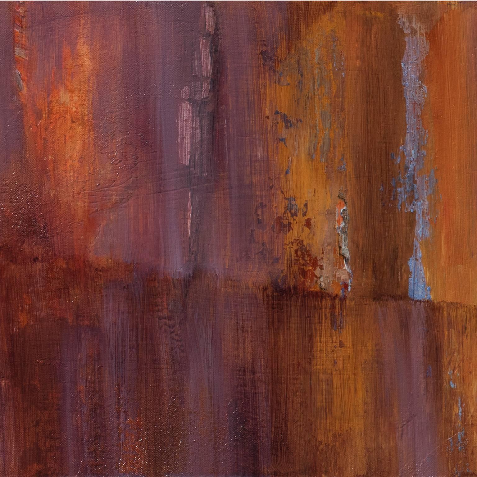 Peeping Tom - Langes abstraktes Landschafts-Ölgemälde mit Orange und Rostfarben – Painting von Andrei Petrov