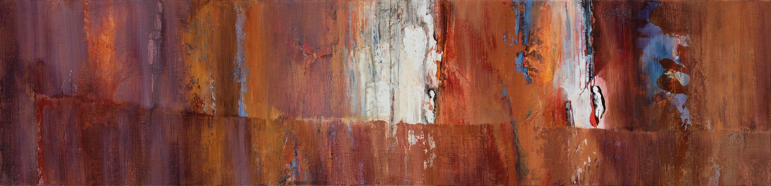 Abstract Painting di Andrei Petrov - Peeping Tom - Pittura ad olio astratta di paesaggio lungo con colori arancioni e ruggine