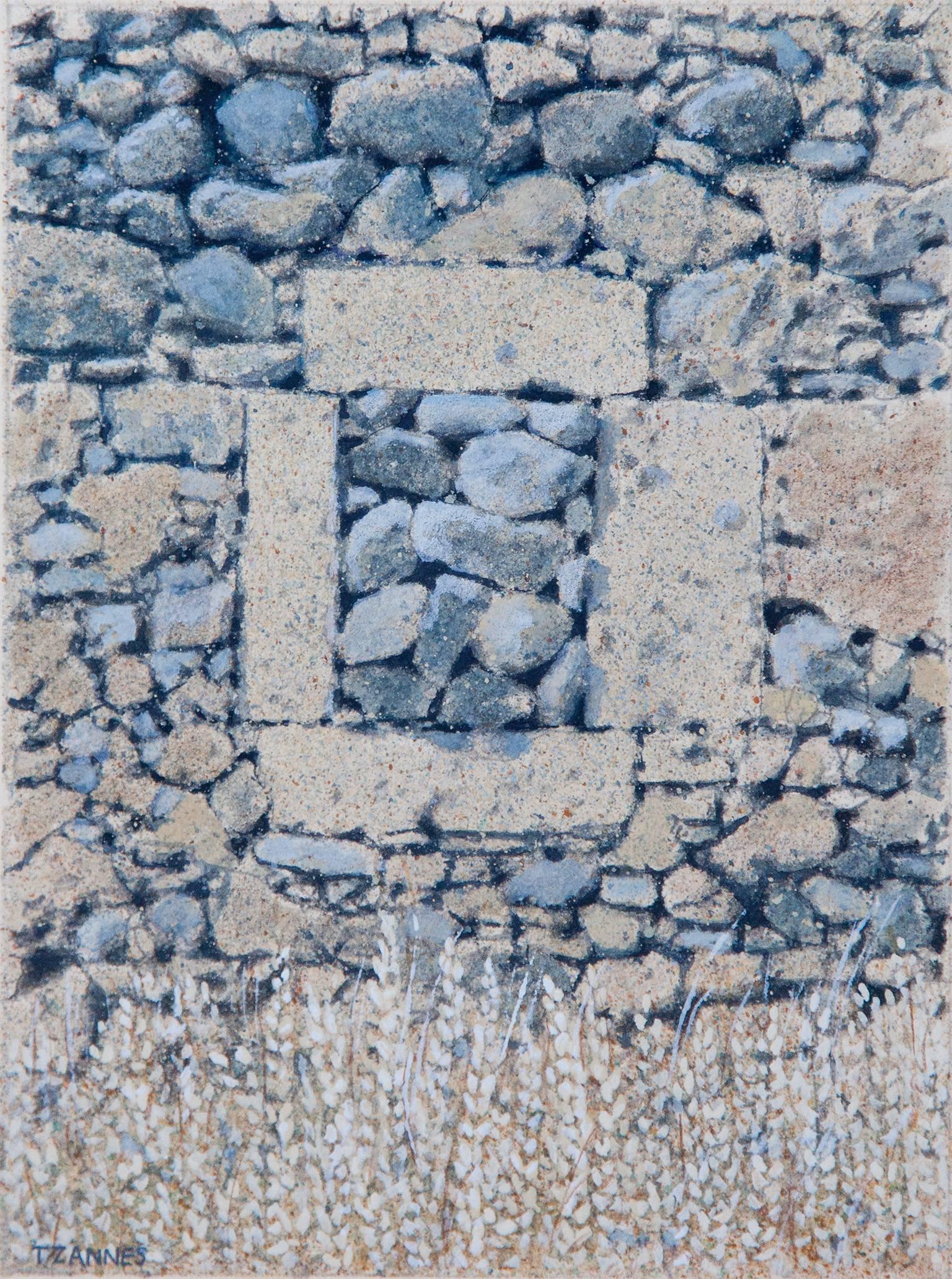 George Tzannes Landscape Painting - Ancient Rock Wall with Stone-filled Window - Figurative Painting of Greek Wall