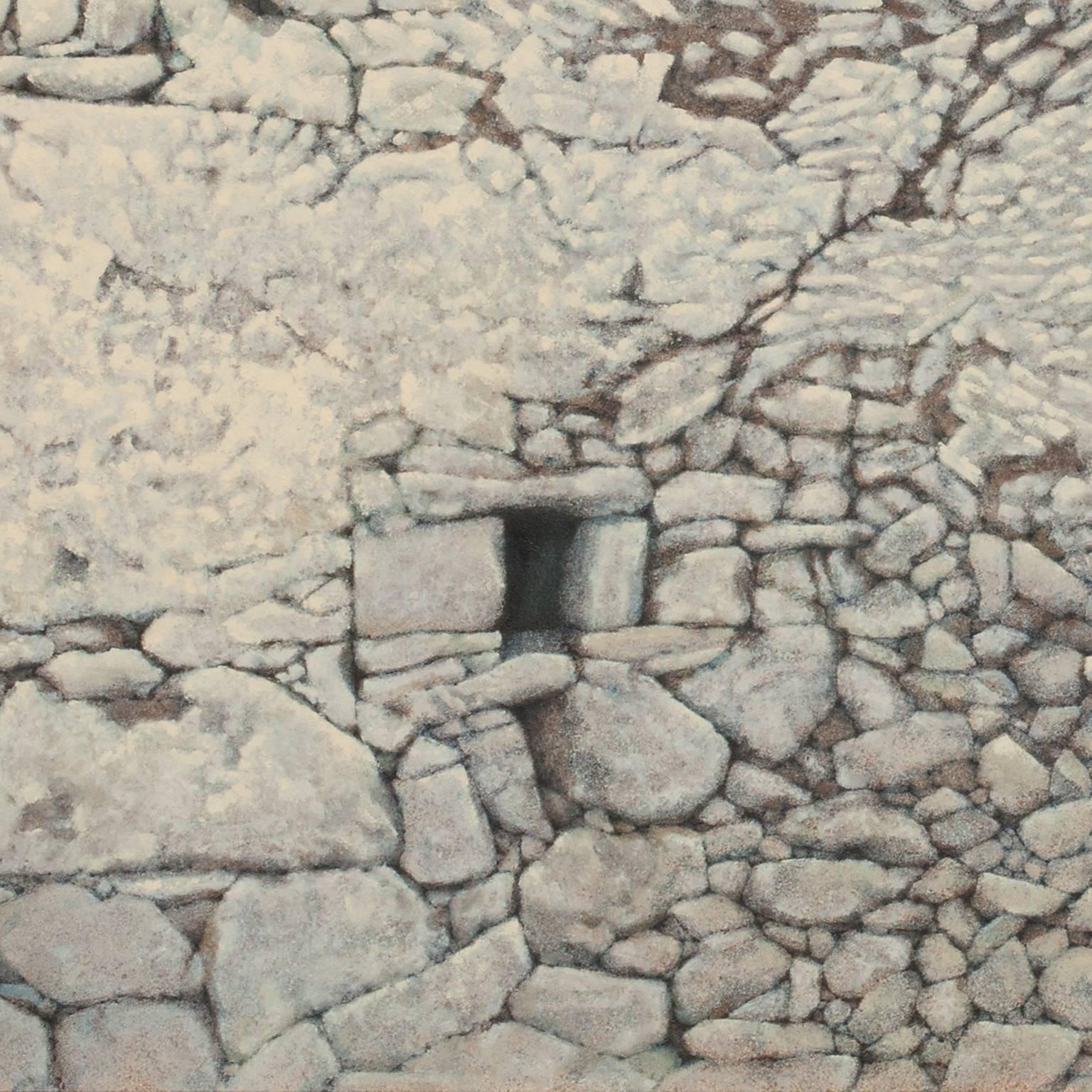 The focus of this artwork is a subject very dear to Tzannes: the timeless, spiritual quality of ancient ruins. The beautiful stone-wall of an Ancient Greek house, so up-close and almost tangible, is invested of an iconic and monumental stature that