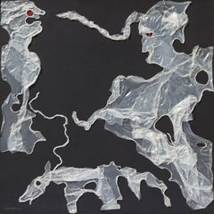 Lady Walking Her Dog in a Windy Day - Surrealist Drawing With Melted Polyethylen