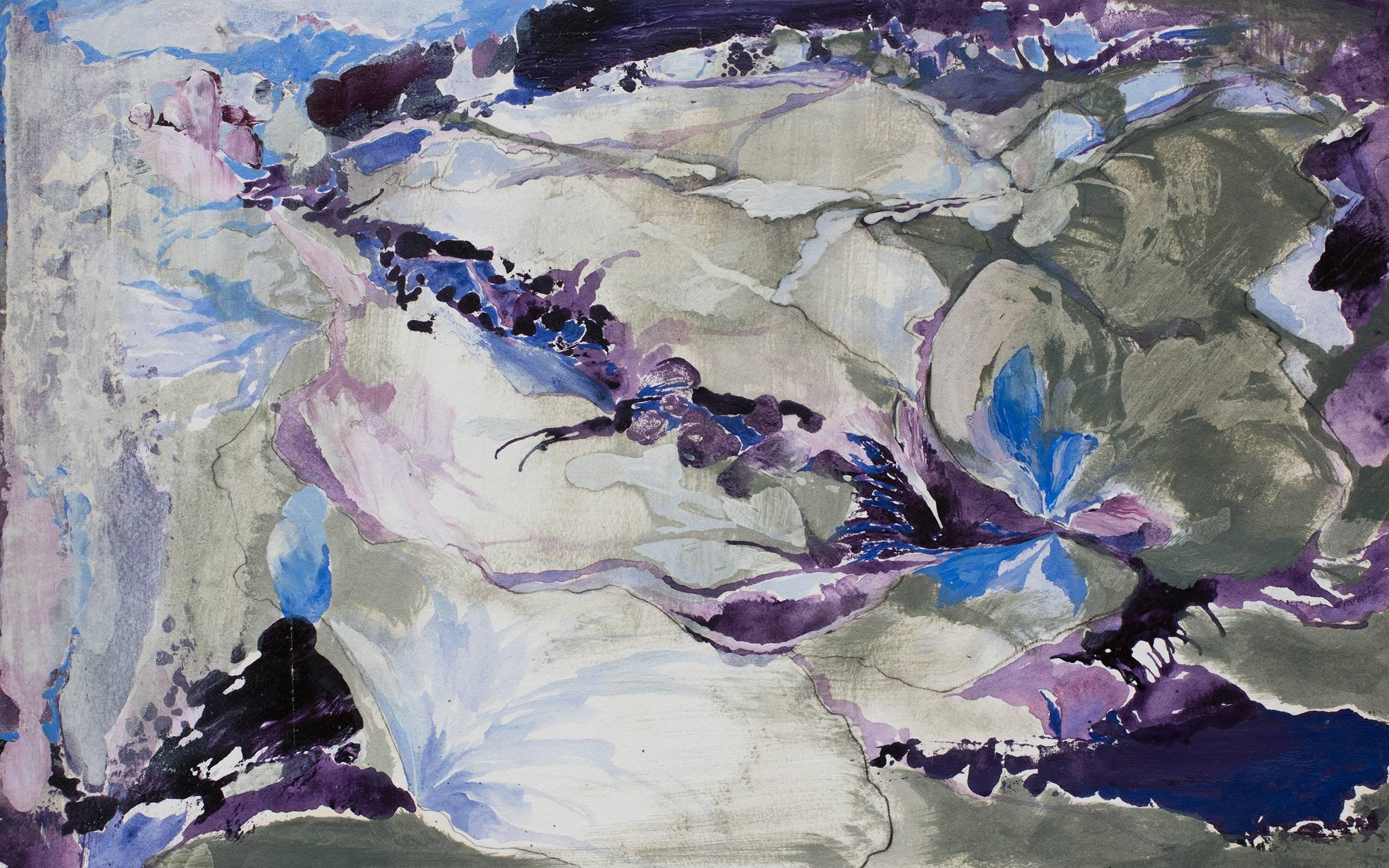 Long Way Home - Abstract Landscape on Paper in Blue and Purple Colors