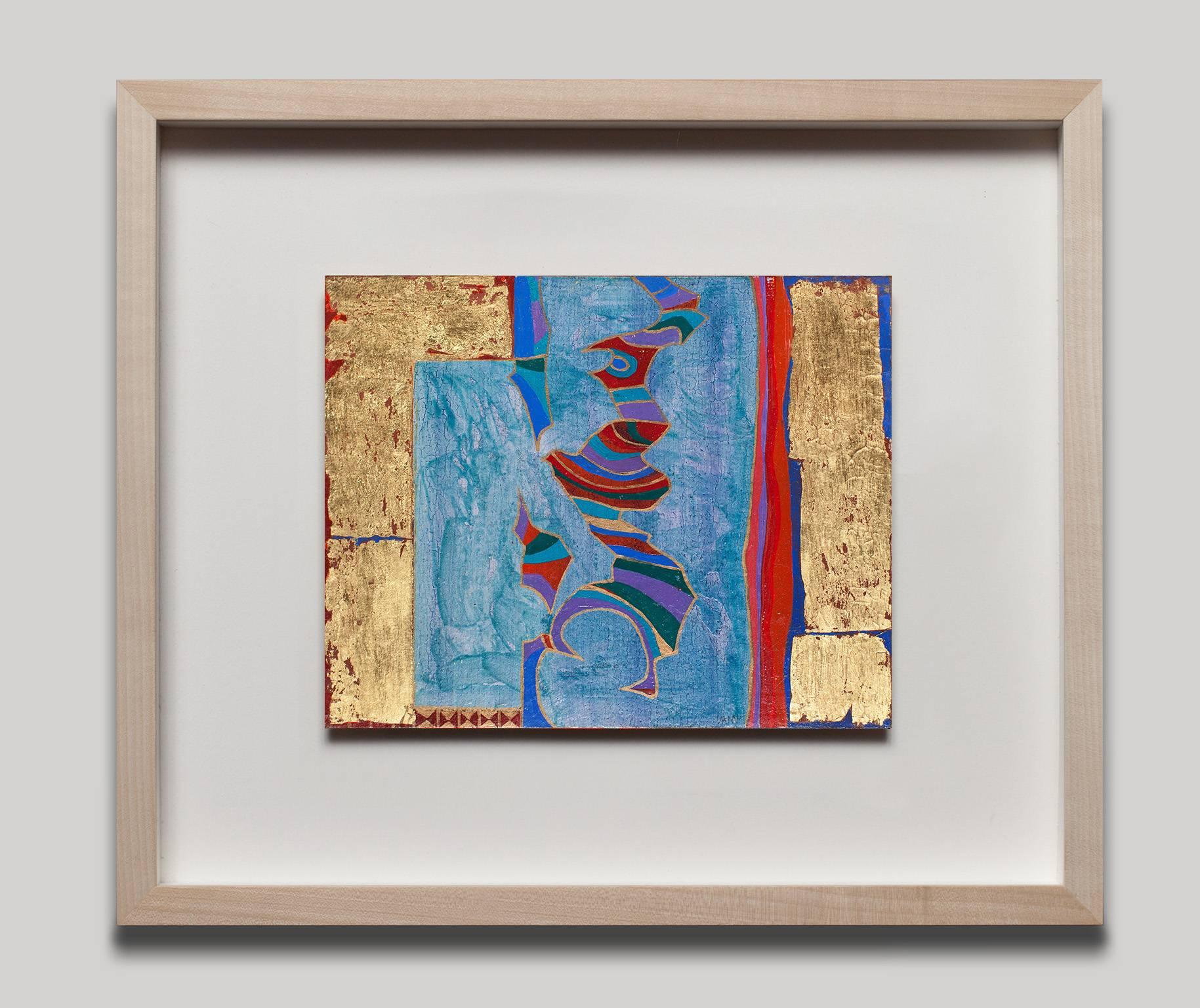 Flying Warrior - Abstract Panel Painting in Blue , Red and Real Gold Leaf  1