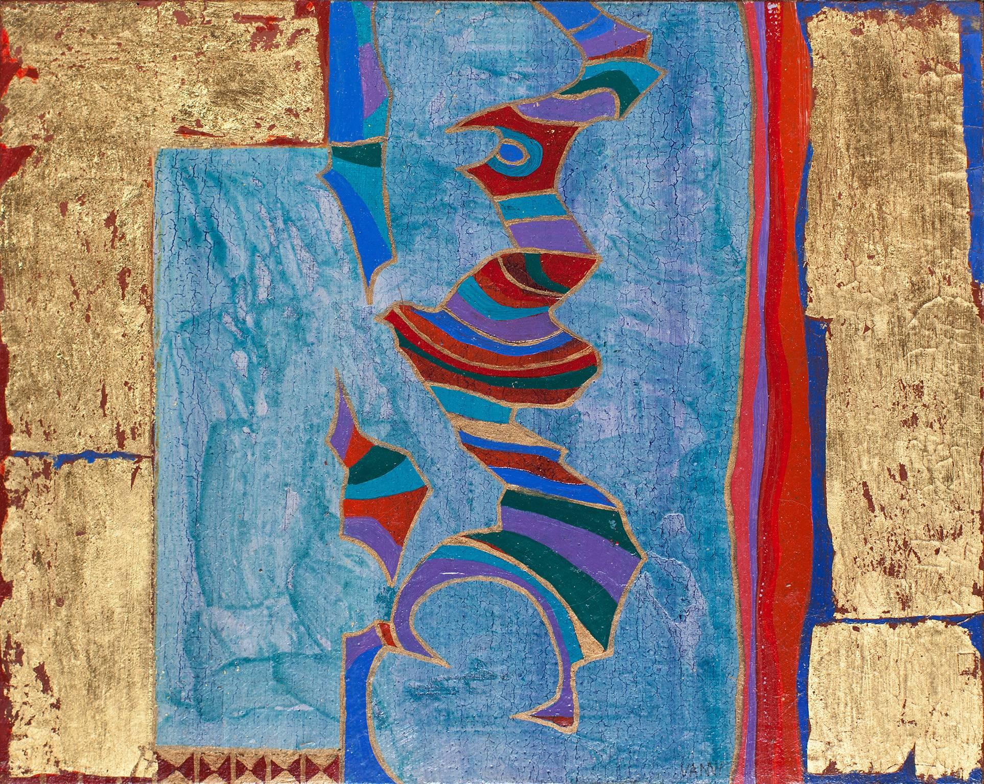 Gian Berto Vanni Abstract Painting - Flying Warrior - Abstract Panel Painting in Blue , Red and Real Gold Leaf 
