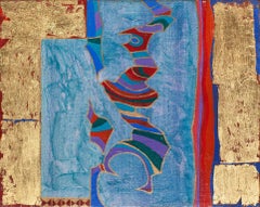 Flying Warrior - Abstract Panel Painting in Blue , Red and Real Gold Leaf 