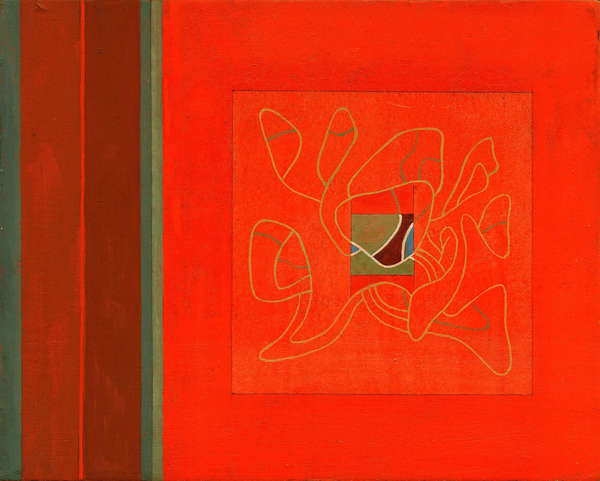 Gian Berto Vanni Abstract Painting - Enigma in Red and Green - Small Egg Tempera Miniature Painting