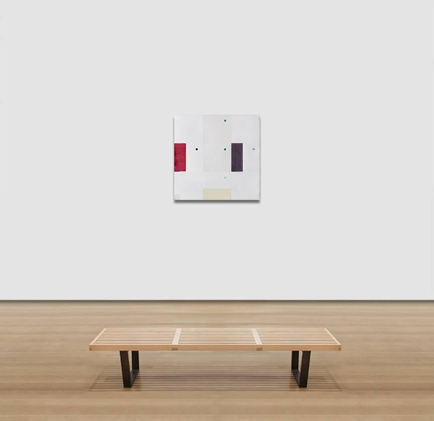 Roberto Caracciolo's Last Whisper is a 28.33 x 28.33 geometric abstract oil painting. Rectangles and squares rhythmically dialogue across a white canvas. The red and purple rectangles set the mood. However the assertiveness of their presence is