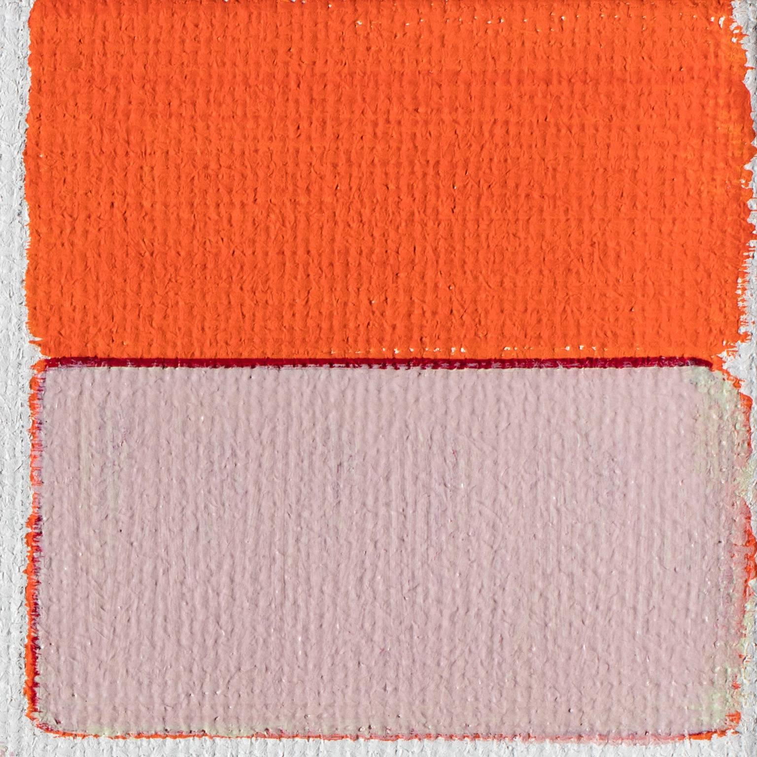 Roberto Caracciolo's Untitled (1) is a 11.75 x 11.75 geometric abstract oil painting. The main colors are red and orange. Rectangles and squares rhythmically dialogue across the canvas. The strong red burgundy and orange rectangles set the mood.