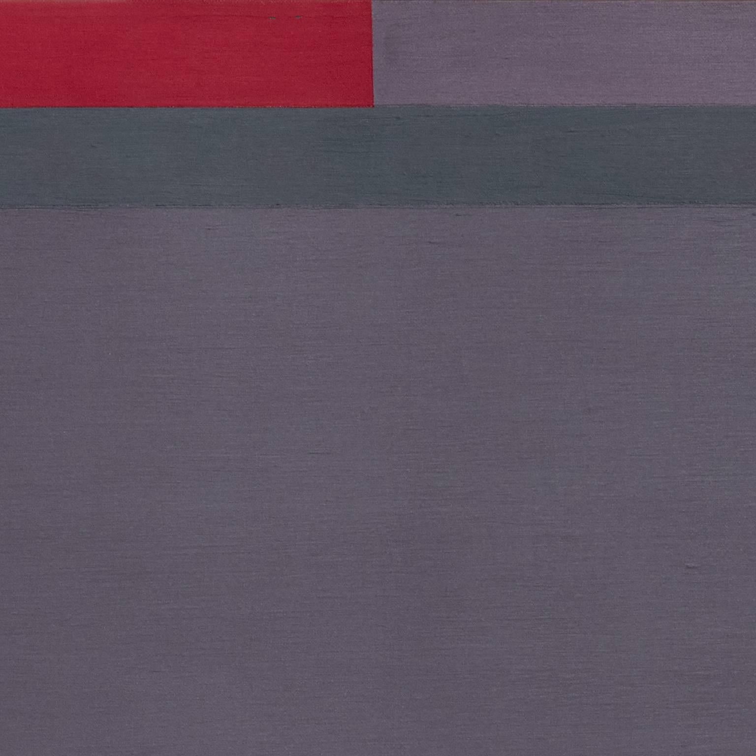 This work by Martin Canin is a 30.25 x 60.25 inch horizontal color-field oil painting from 1974. Color is freed from objective context and becomes the subject in itself.  A deep velvety purple color field dialogues with green and red elements at the