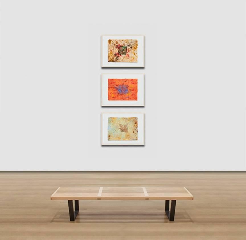 G. B. Vanni's Erosion of the Square in Yellow II is a small abstract work measuring 13.5 x 17.5 inches. It is framed floating in a 19 x 25 wood frame. The main color is yellow.
This precious small work takes advantage of the contrast between the