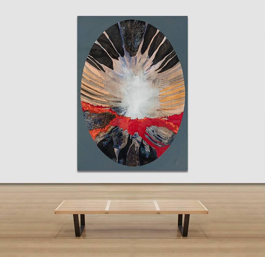 Gian Berto Vanni's Chronos is a 84 x 60 inch abstract oil painting. It is a geometrical abstraction in the shape of an oval. The main colors are red, orange and gray. The title 