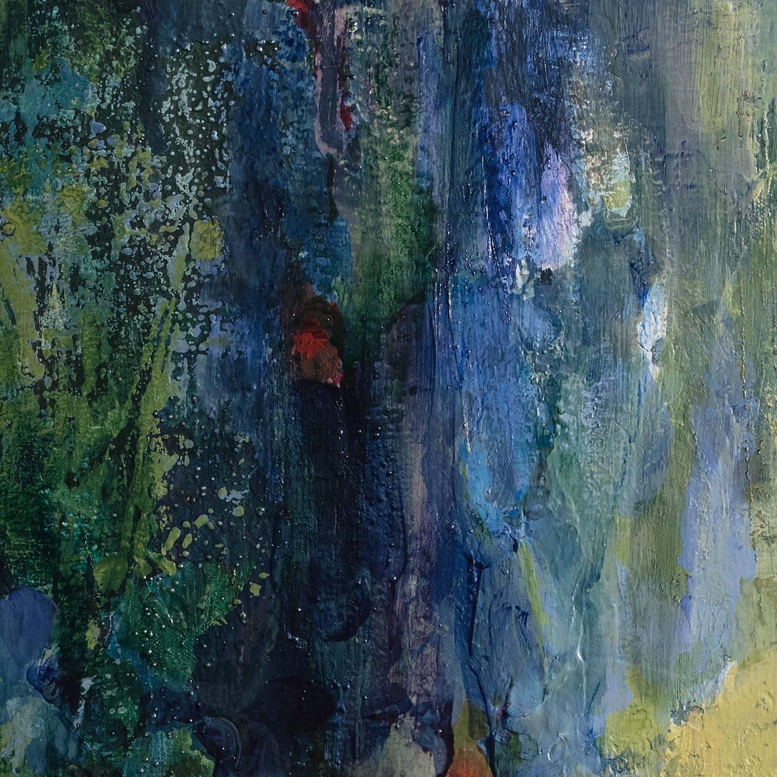 Petrov's fascination for color and light is the founding element for this intensely emotional vertical painting. The sensuality of the deep dark blue and green impasto is so strongly and yet delicately counterbalanced by the luminosity of the light