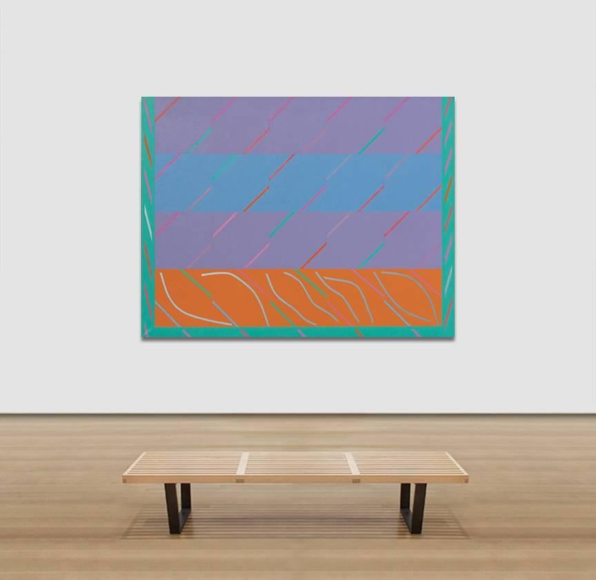 San Anton Rock di Martin Canin è uno storico dipinto a olio geometrico-astratto di grandi dimensioni, 58 x 76 pollici, datato 1972. Il lavoro di Martin Canin può essere collegato a due movimenti degli anni '60: Color field e Op Art. Come molti