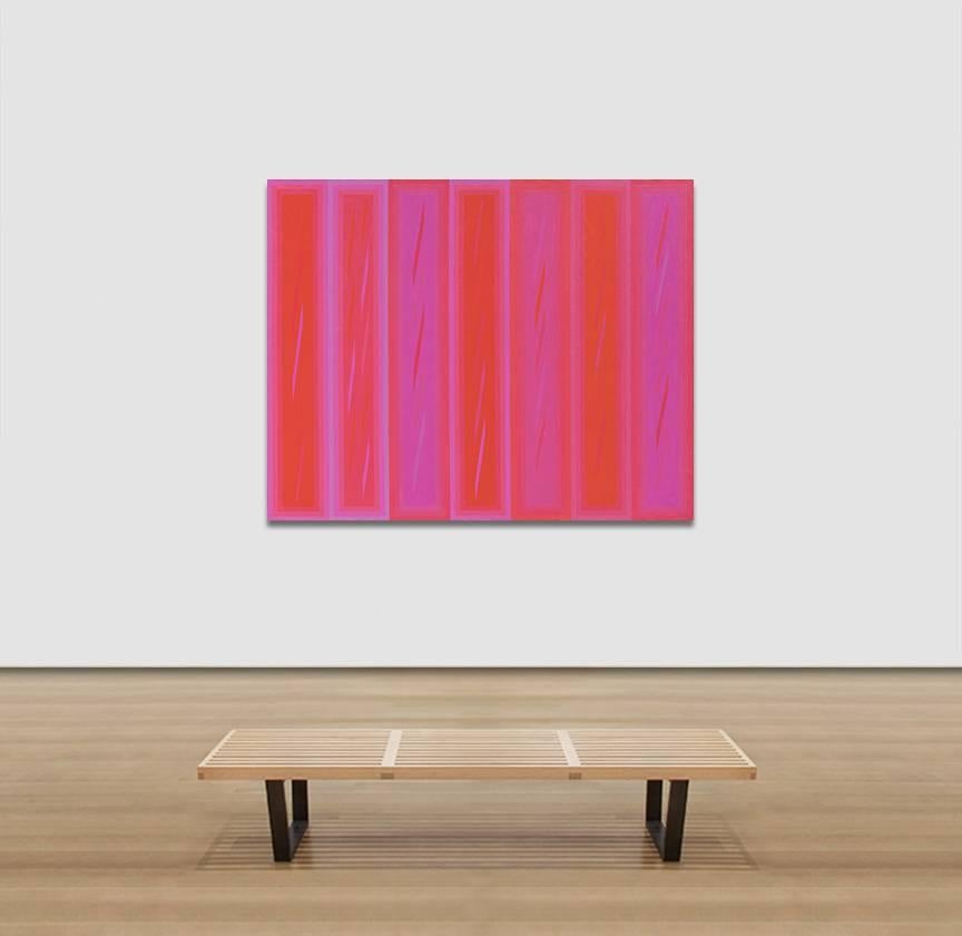 Red Painting (1972) è un esempio accattivante di astrazione geometrica della metà del XX secolo, dove audaci bande verticali rosse e magenta dominano la tela con precisione ritmica. La disposizione strutturata crea un dialogo armonioso tra forma e