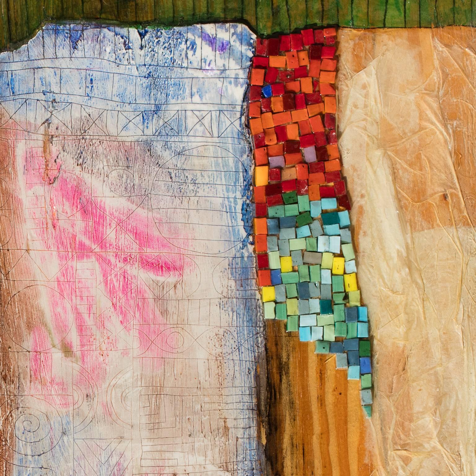 This bright and colorful painting has been created by using several different techniques and juxtaposing a range of media. Vanni used oil paint on a wood panel and inserted fragments of mosaics, cloths and sgraffito on gesso. The outcome is not just