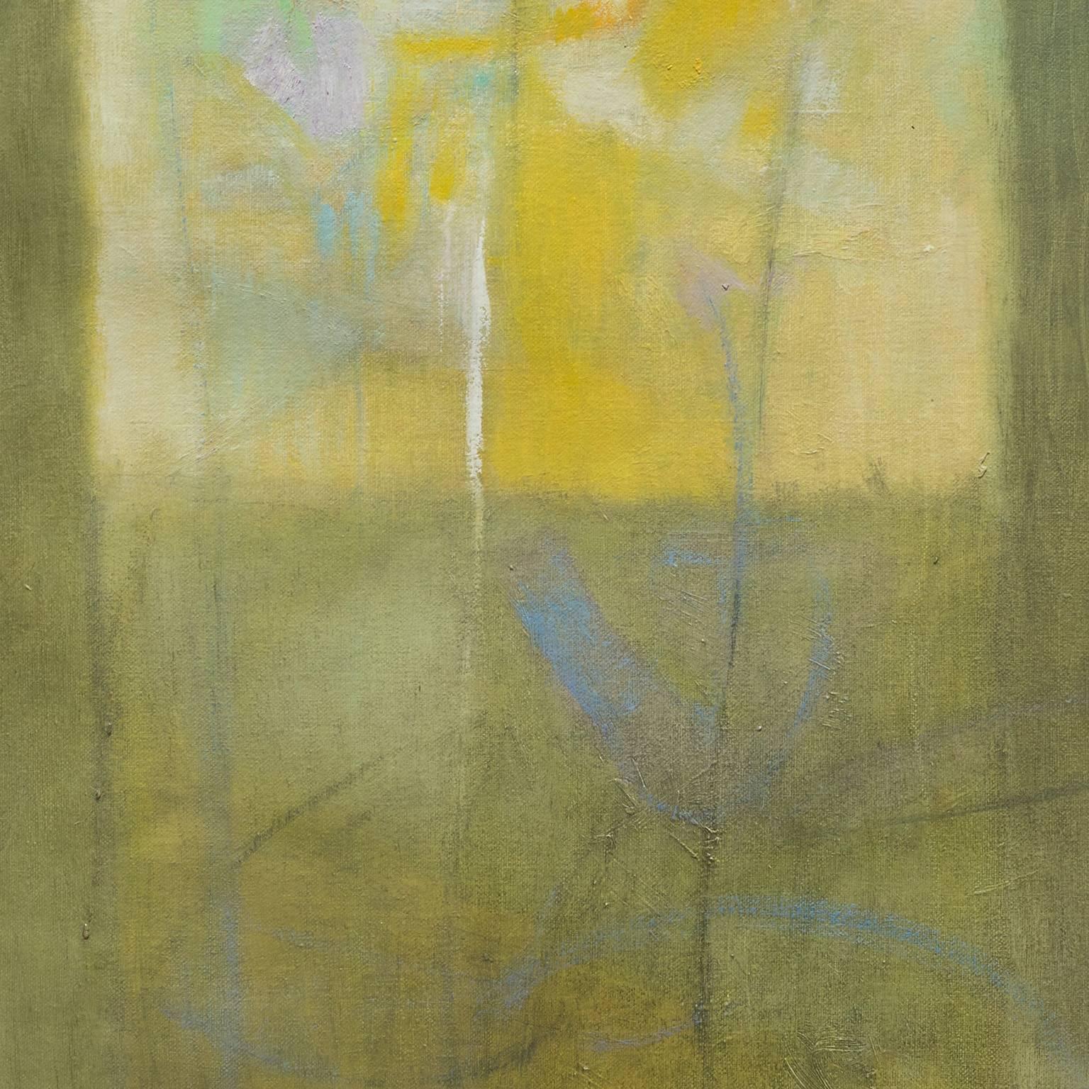  Alfredo Aya's Vitrales Amarillo 4 (The Yellow Stained-Glass Window) is a 35 x 27 inch abstract oil painting on canvas. The main colors are green and yellow of a pastel delicacy. Aya gave the painting a particular luminosity that stems from the