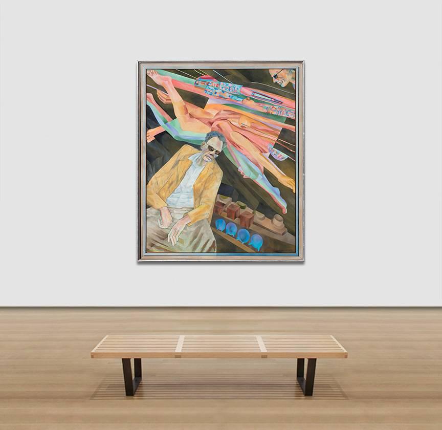Bernard Aptekars Arthur Miller Thinks ist ein großes, 65,5 x 53,5 Zoll großes expressionistisches figuratives Ölgemälde. Er porträtiert den amerikanischen Dramatiker Arthur Miller. Die Hauptfarben sind blau, grün und rosa. Die surrealistische und