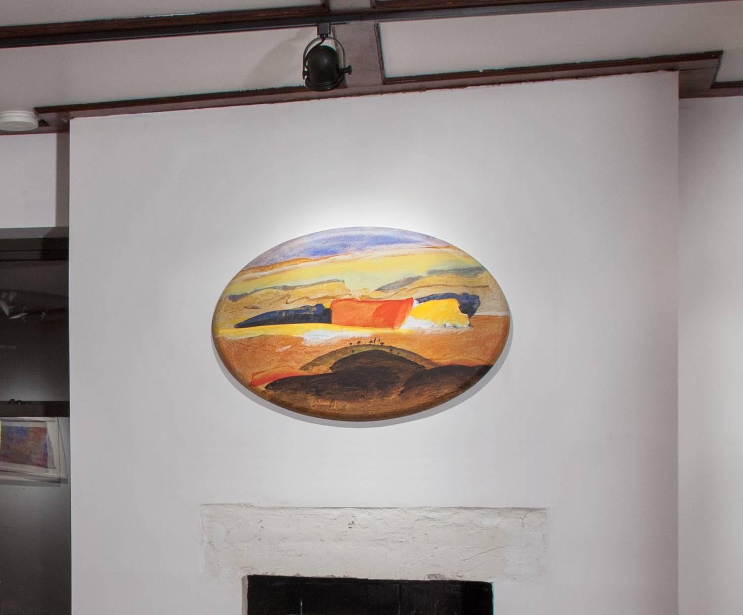 Paysage italien de Toscane, paysage ovale - Peinture à l'huile de campagne en Toscane - Orange Landscape Painting par Paolo Buggiani