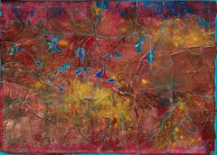 Life growing in a Metal World - Abstract Blue and Red Oil Painting