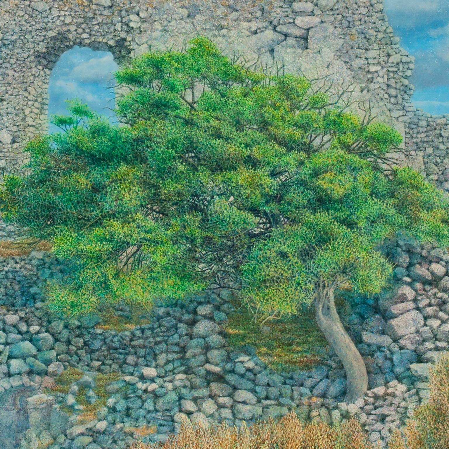 George Tzannes's Ancient Ruins at Paliochora With Tree is a 52 x 60 inches oil painting. The ruins of a Byzantine church, typical of the Greek countryside landscape, are the focus of this particular artwork. The viewer is drawn into the timeless,