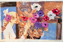 Girl with Flowers Lithograph, Abstract Expressionist, Mid-20th Century