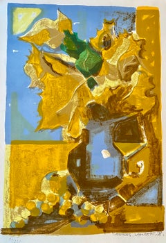 Colorful blue vase of flowers, original lithograph signed, numbered 20th Century