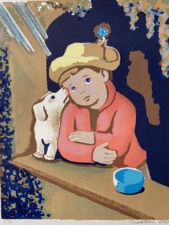 Boy and Puppy Lithograph, Surrealist Style, Mid-20th Century, Unframed