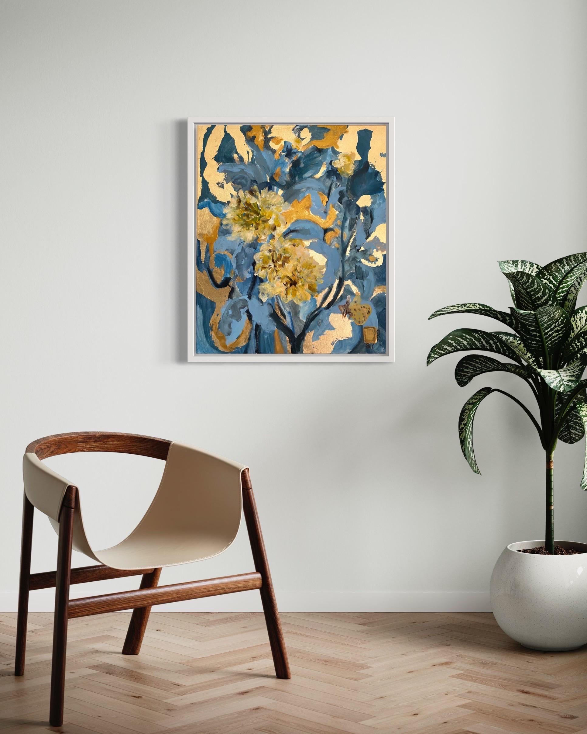 Original-Dahlias and Small Copper-Gold leaf-UK Award Artist-Abstract-impression - Painting by Shizico Yi