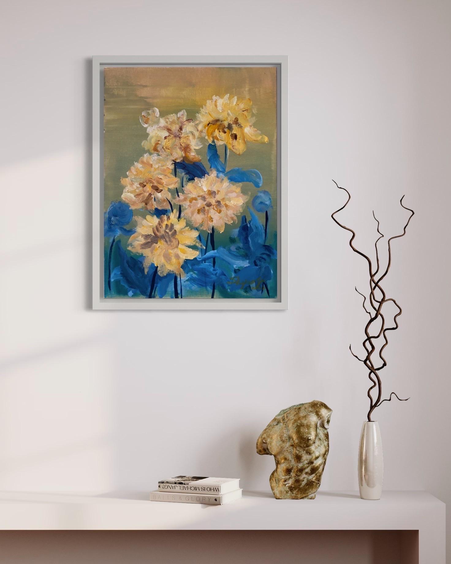Original-Yellow Dahlias in Blue-Abstract-Expression-British school- UK Artist - Painting by Shizico Yi