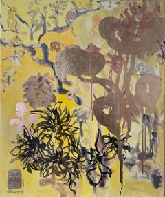 Original-Spring in Autumn-Expression-landscapeDahlia-gold leaf-UK Awarded Artist