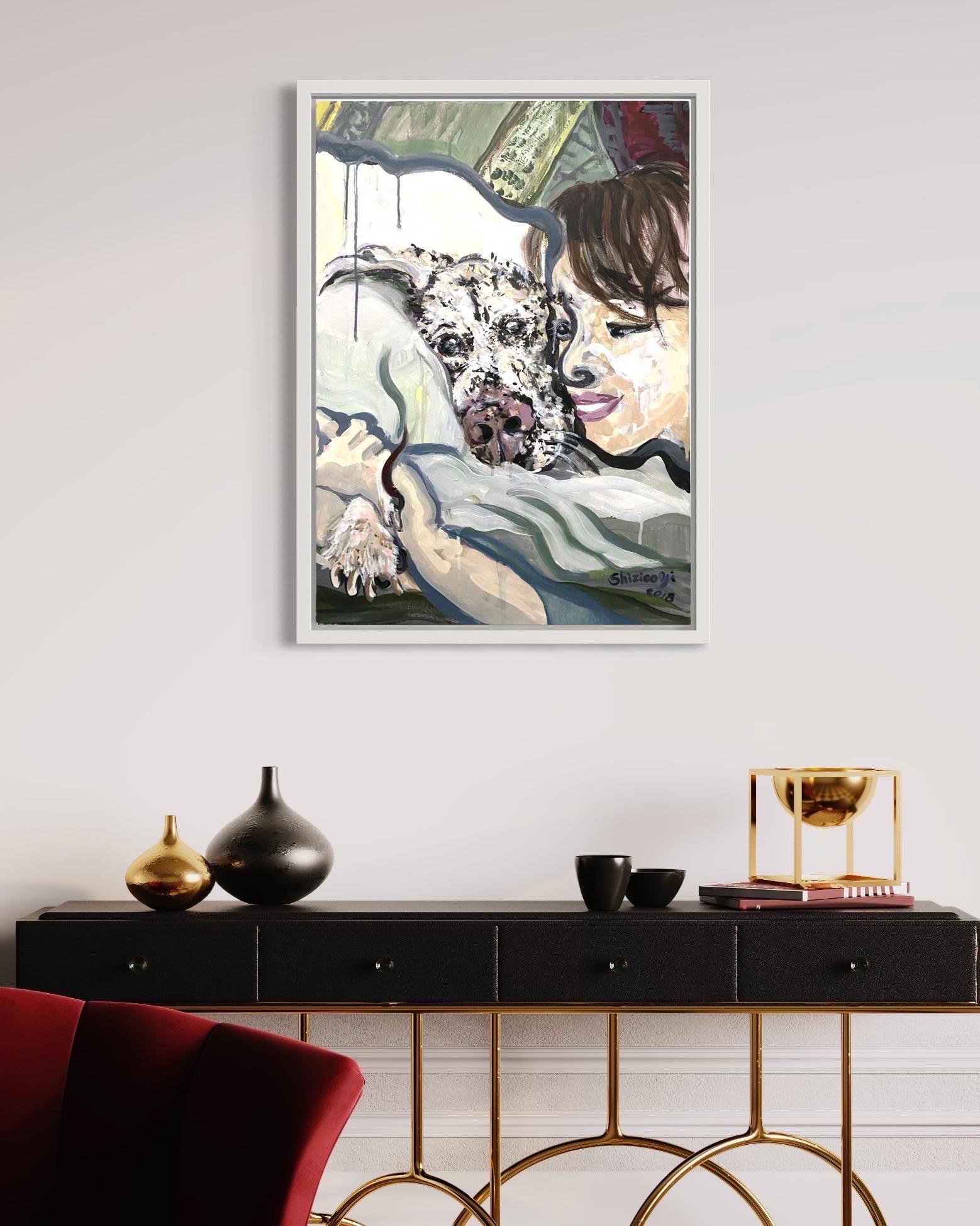 Original-Lady and Her Dog-UK Awarded Artist-Expression-Portrait-Deep Box Canvas - Painting by Shizico Yi