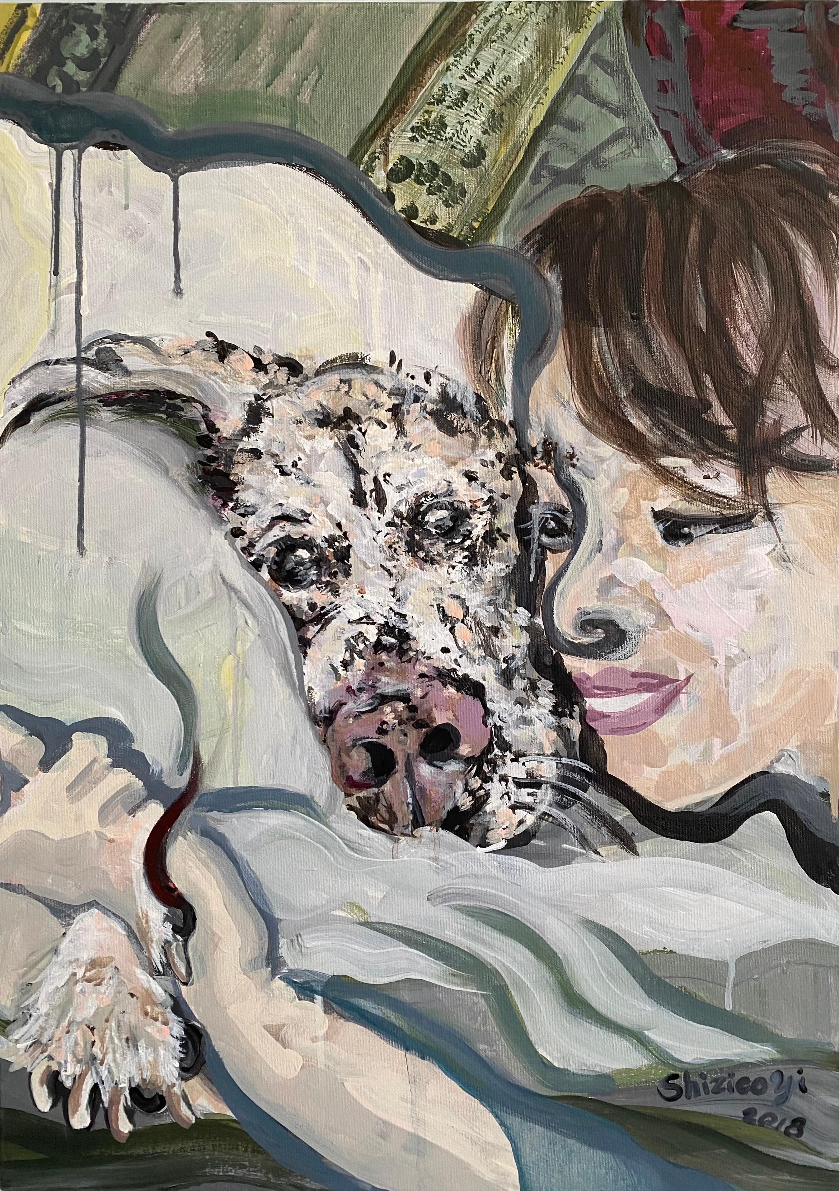 Shizico Yi Animal Painting - Original-Lady and Her Dog-UK Awarded Artist-Expression-Portrait-Deep Box Canvas