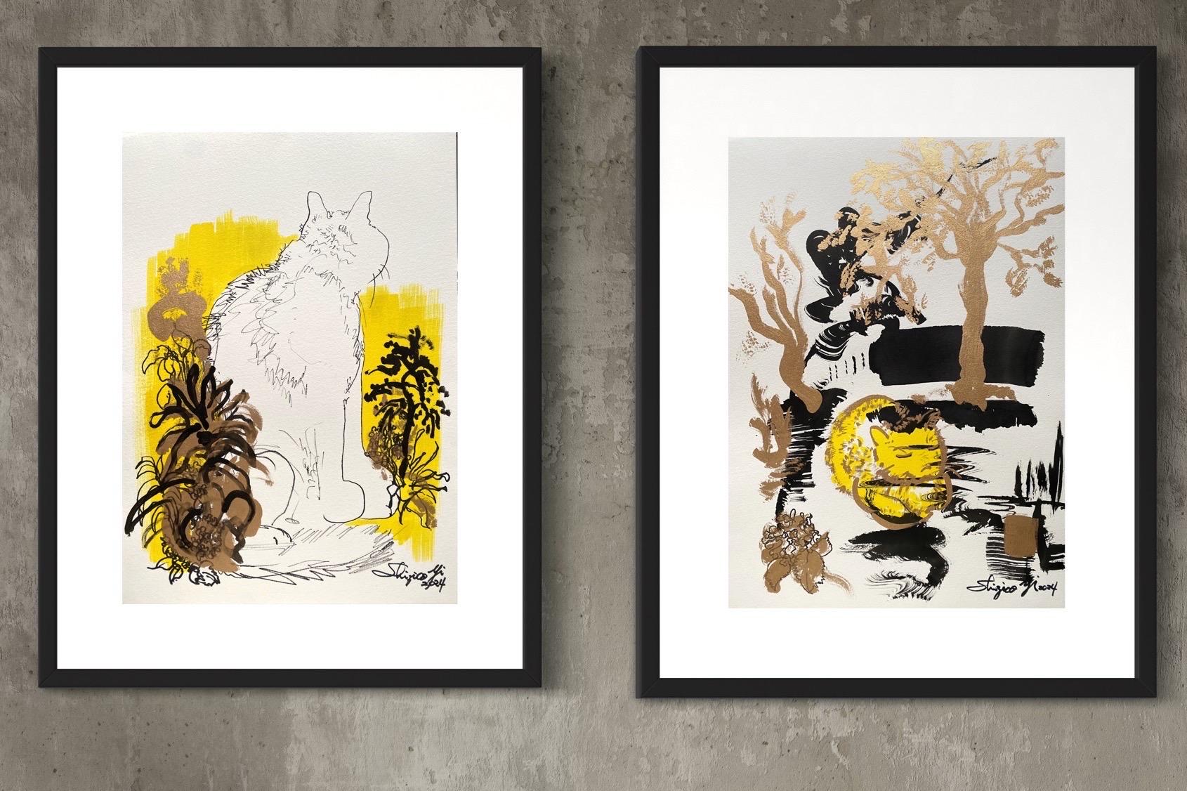Original Set-Breakfast with Cat Series-British Award Artist-Gold, ink on papers For Sale 18