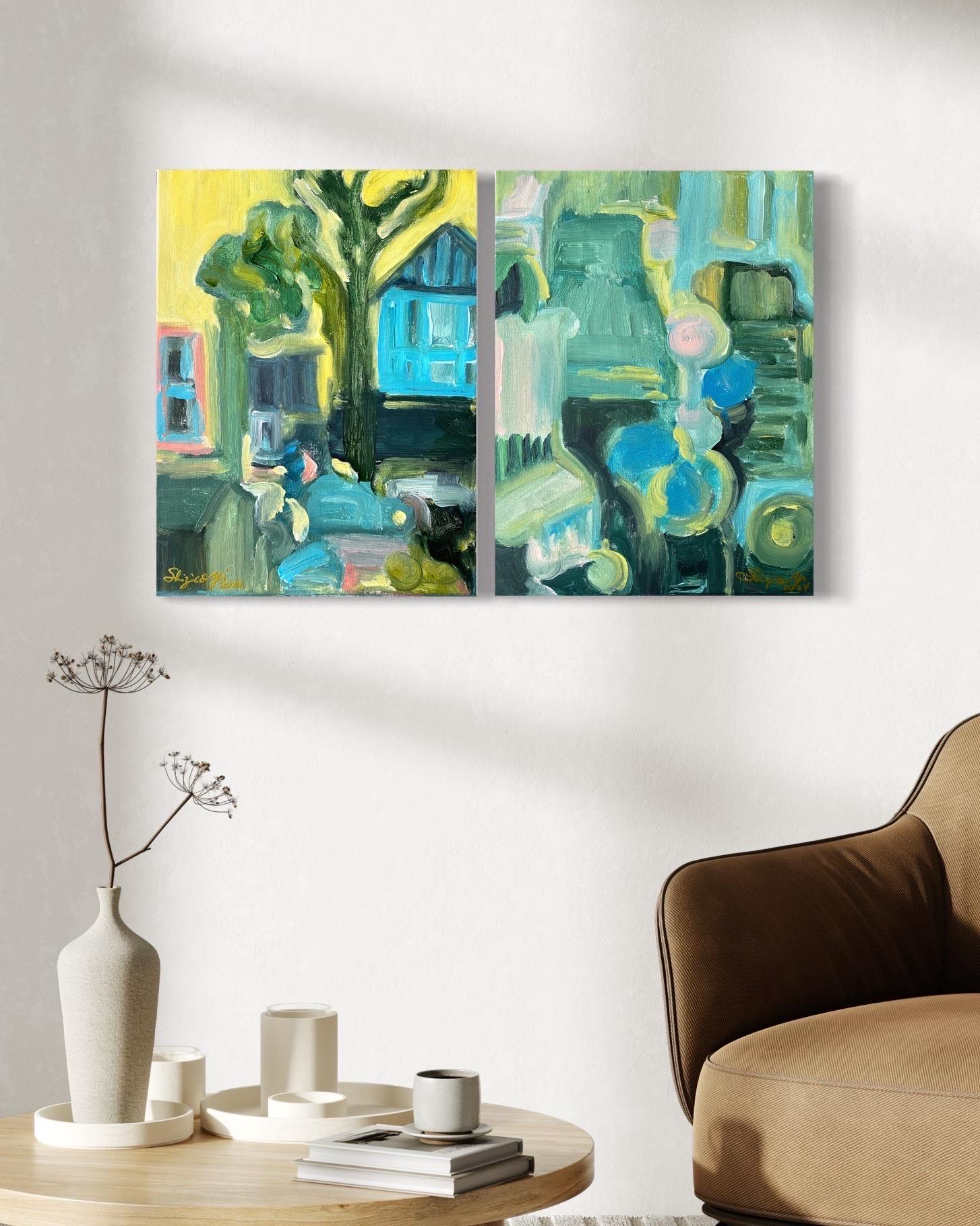 Original Diptych-Spring Duet-British Awarded Artist-abstract landscape-oil canva - Painting by Shizico Yi